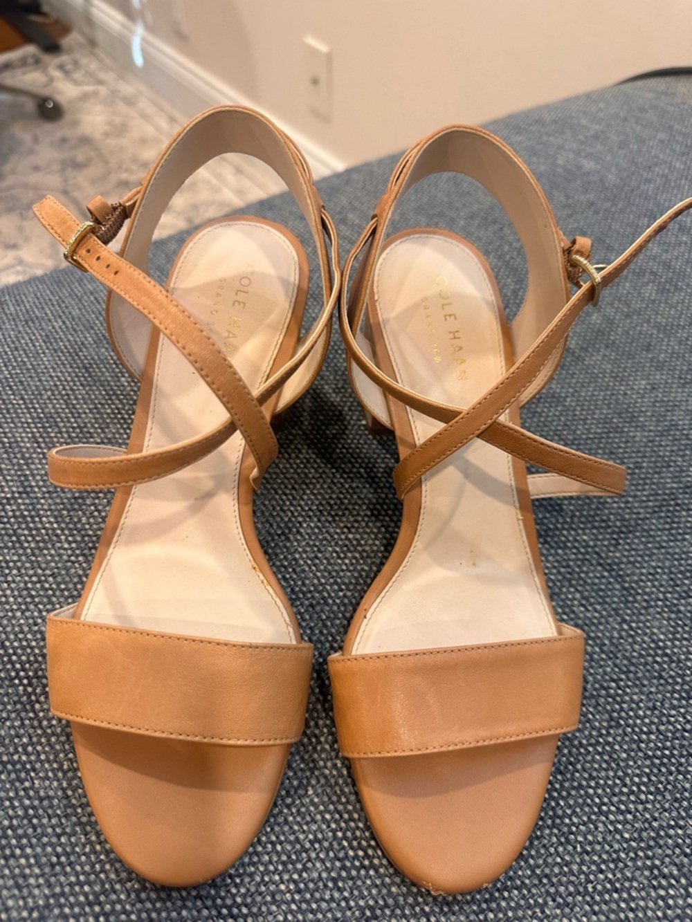 Cole Haan Nude/Tan Leather Strappy Block Heel Sandals - size 6